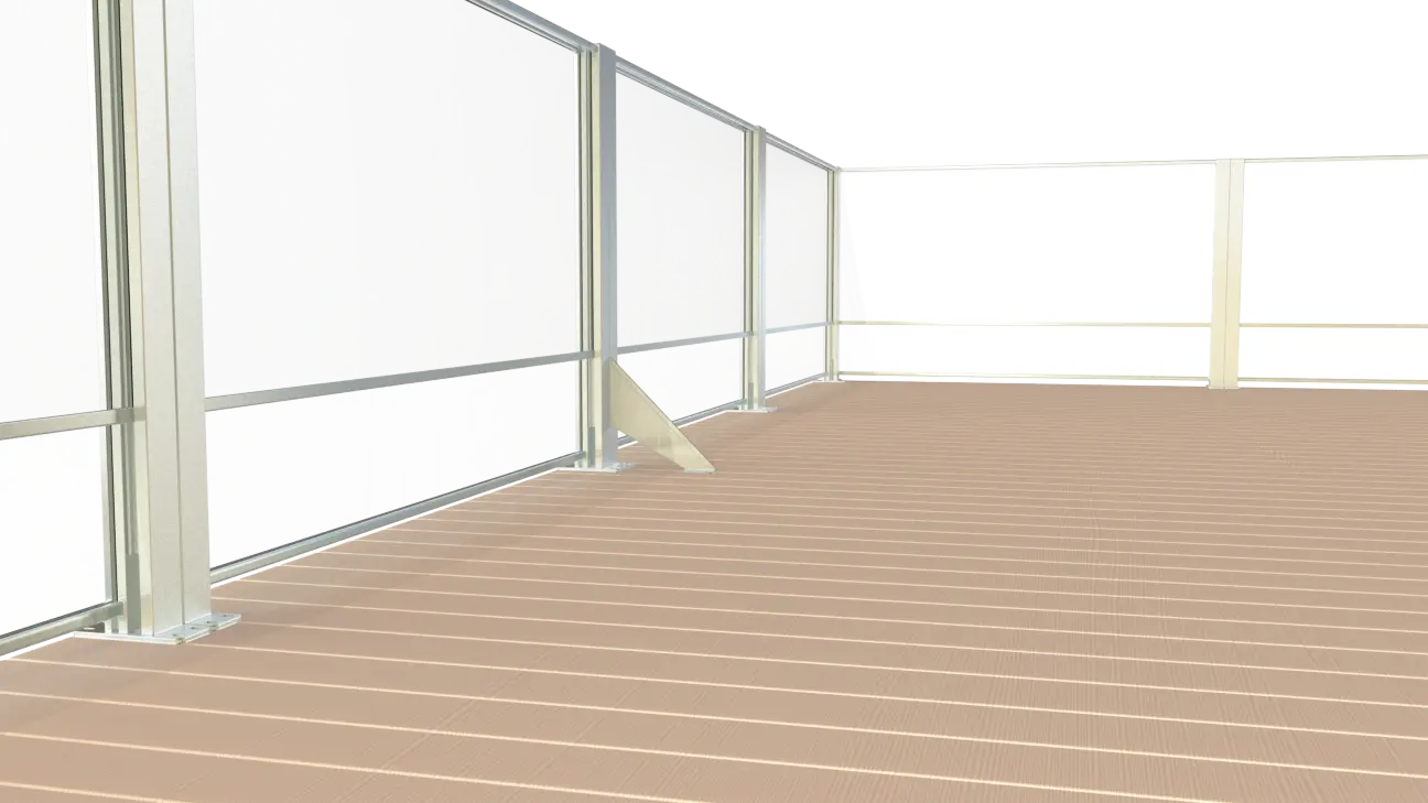 U-vindstöd-Sektion-render Ett delvis slutet däck med ljusbrunt golv och paneler av frostat glas eller akryl som bärs upp av en metallram.
