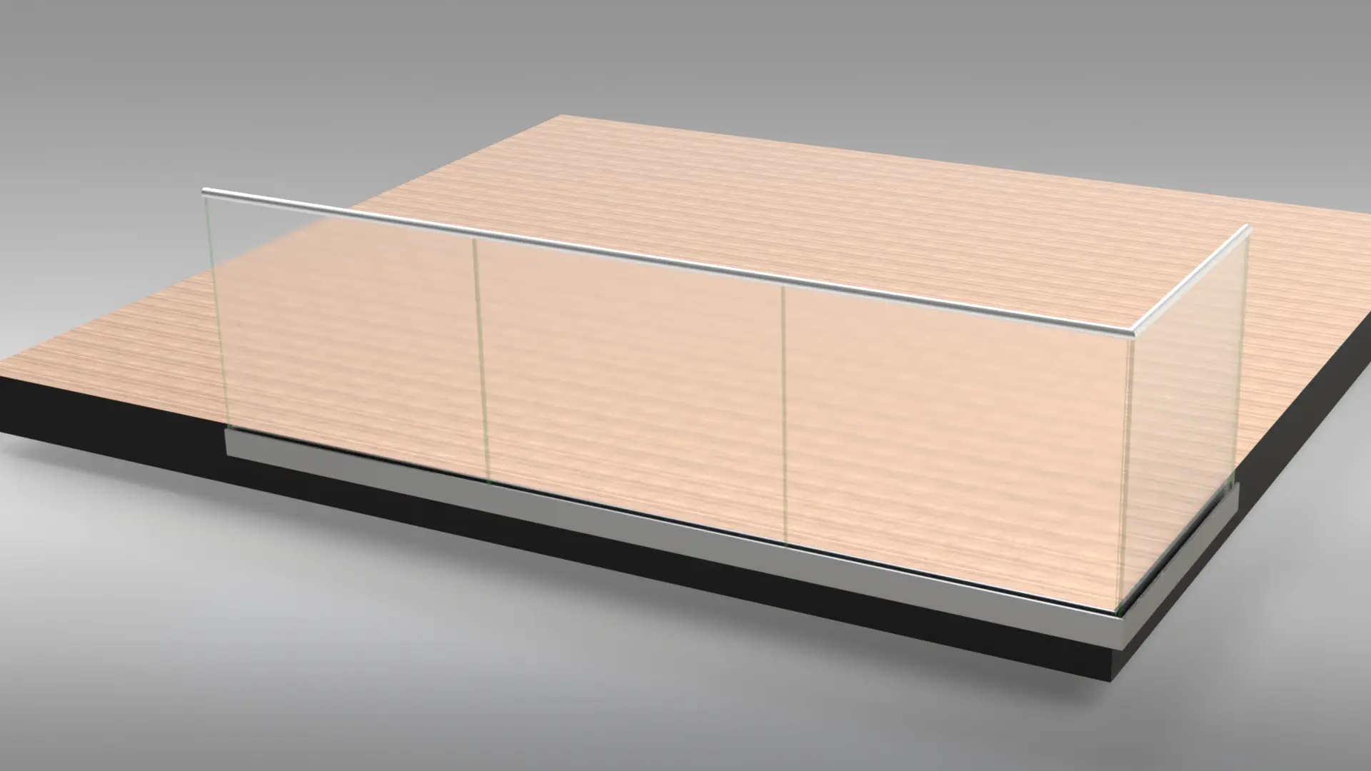 Zabra-Stolpfritt-sidomonterad Ett glasräcke med metallstöd är installerat på en plattform av ljust trä med svart bas, mot en neutral grå bakgrund.