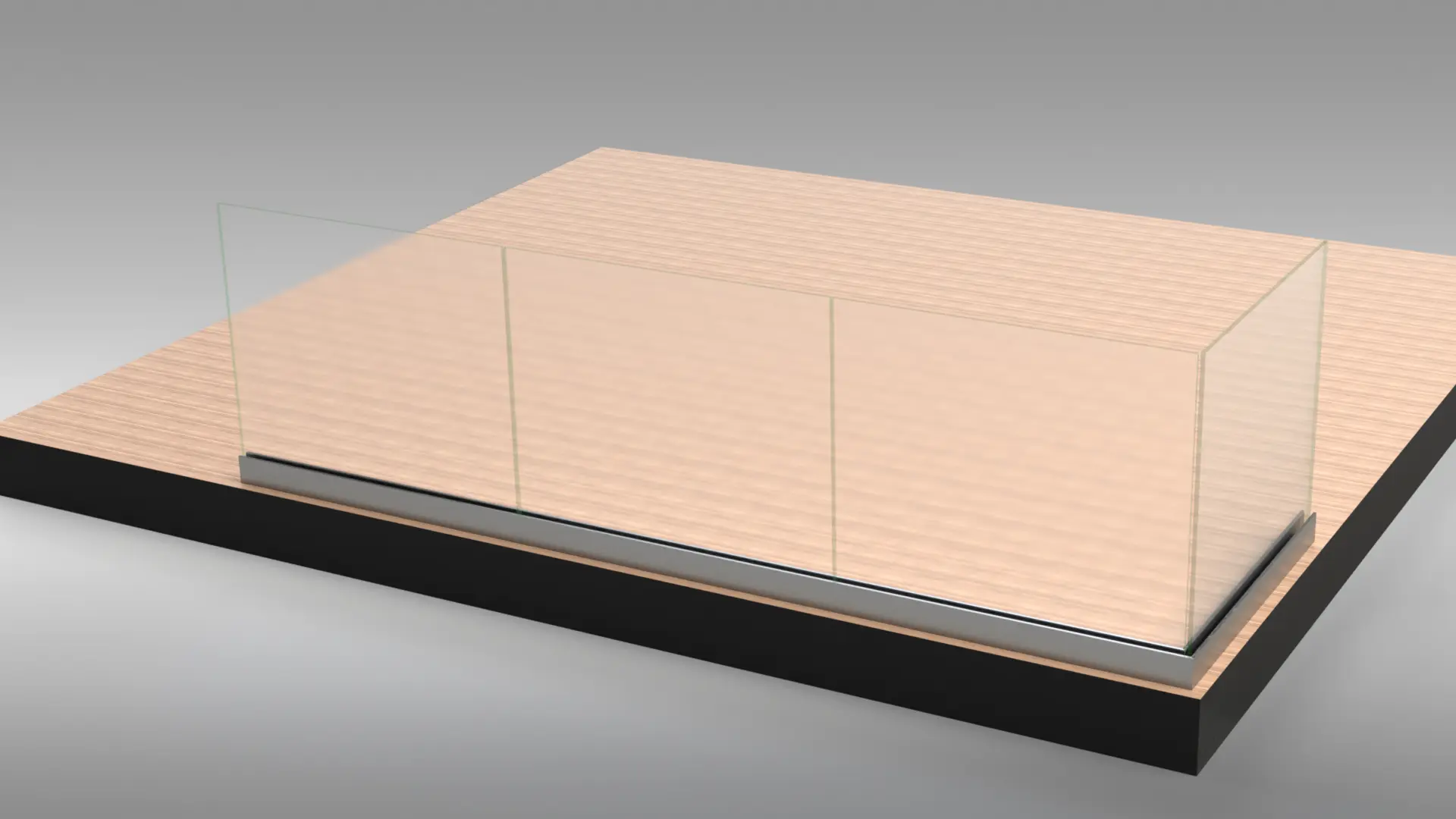 Zabra-Stolpfritt-utan-handledare Ett glasräcke med tre paneler är monterat på en plattform av ljust trä med svart bas, som visas på en grå bakgrund.