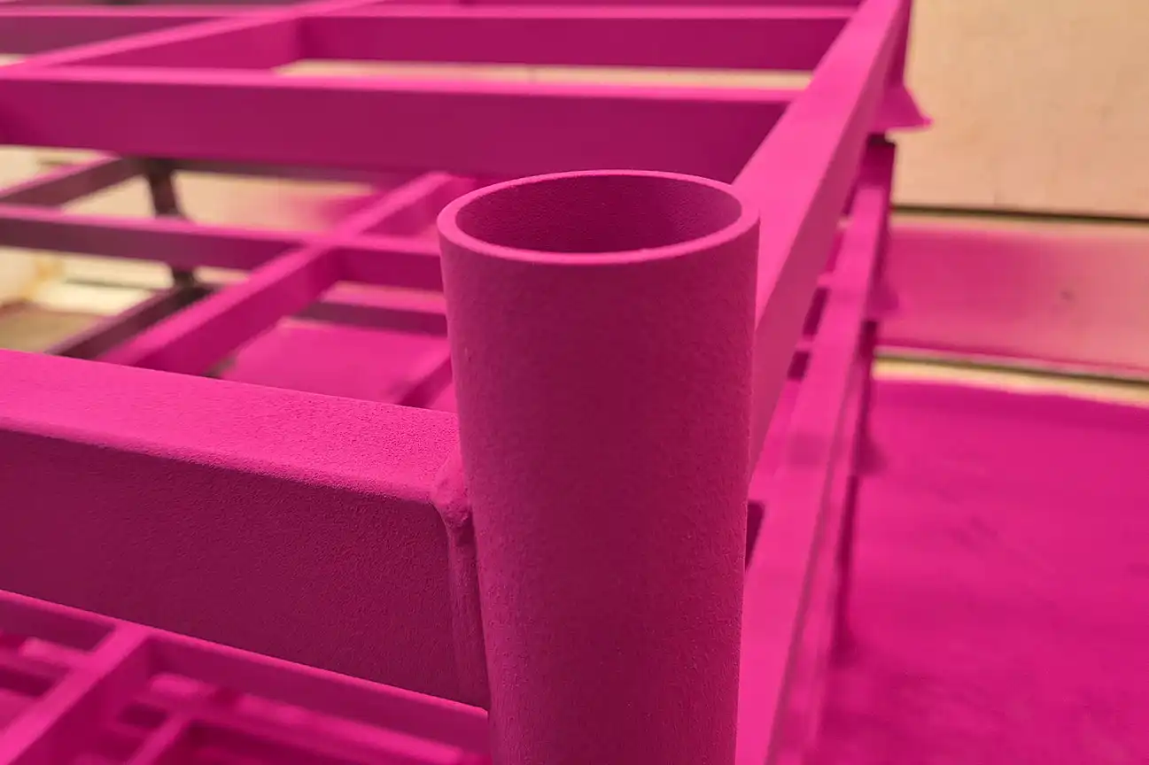 Närbild av en metallkonstruktion som är belagd med ljusrosa pulver och som visar ett cylindriskt rör fäst vid en rektangulär ram.