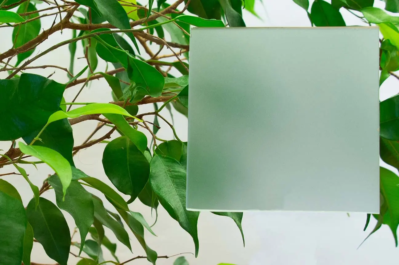 En fyrkantig panel i frostat glas är placerad bland gröna bladgrenar och skymmer delvis sikten för bladen bakom den.